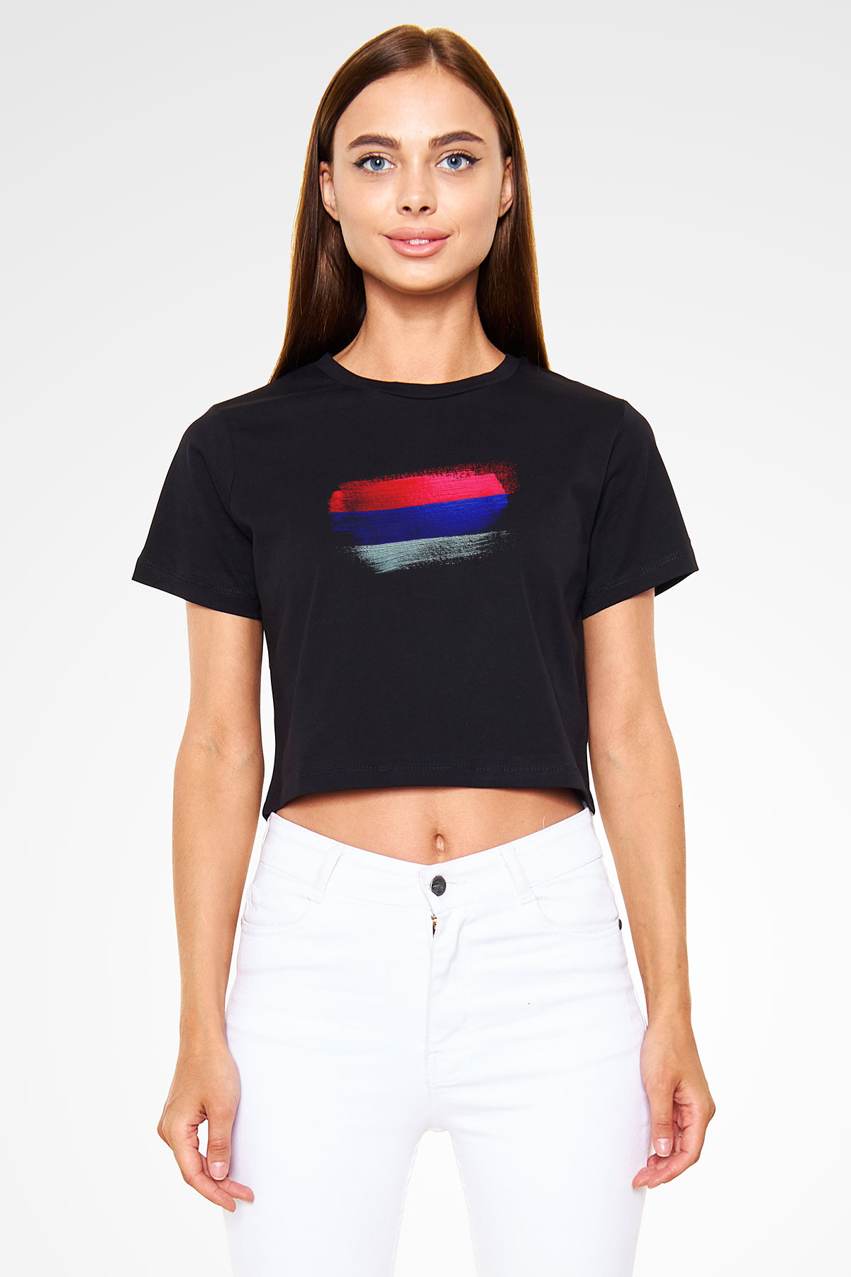Sırp Cumhuriyeti - Republika Srpska Bayrağı Baskılı Kadın Crop Top Siyah Tişört