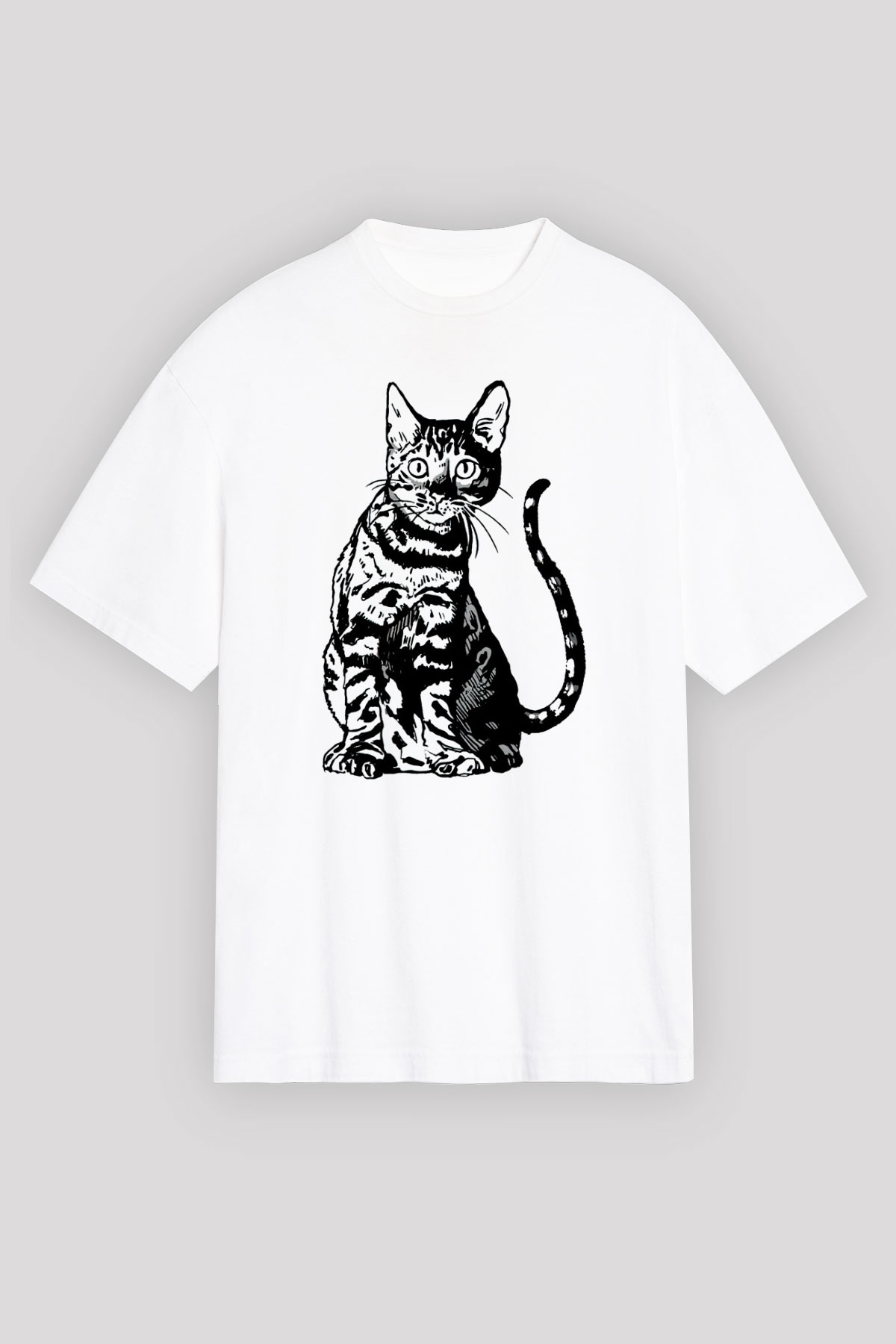 Siyah Kedi Baskılı Oversize Beyaz Tişört