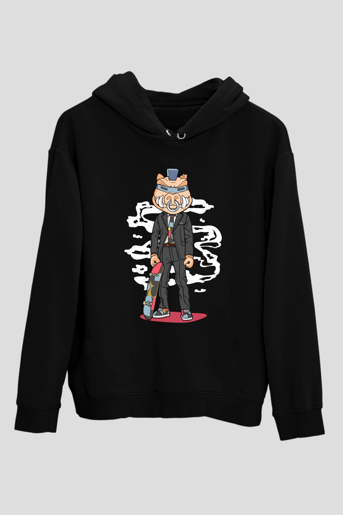 Skater Pig Baskılı Unisex Siyah Hoodie