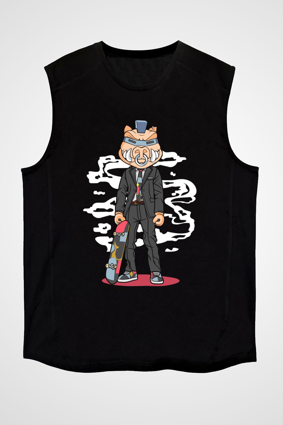 Skater Pig Baskılı Unisex Siyah Kolsuz Tişört