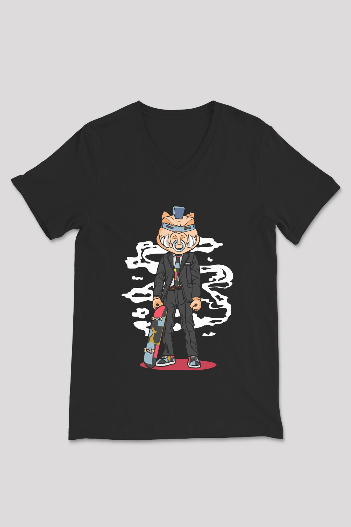 Skater Pig Baskılı Unisex Siyah V Yaka Tişört
