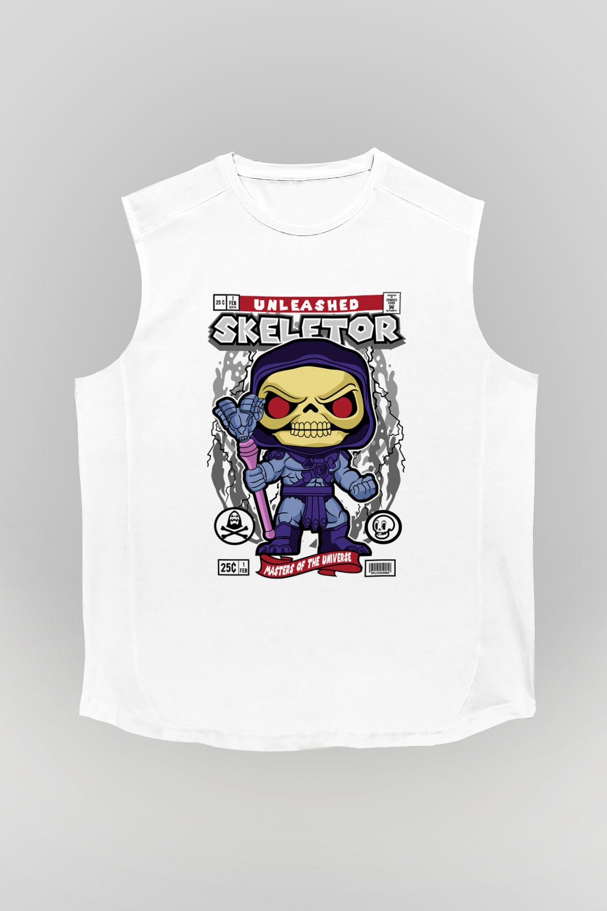 Skeletor Baskılı Unisex Beyaz Kolsuz Tişört