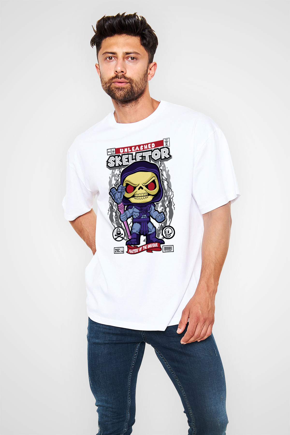 Skeletor Baskılı Unisex Beyaz Oversize Tişört
