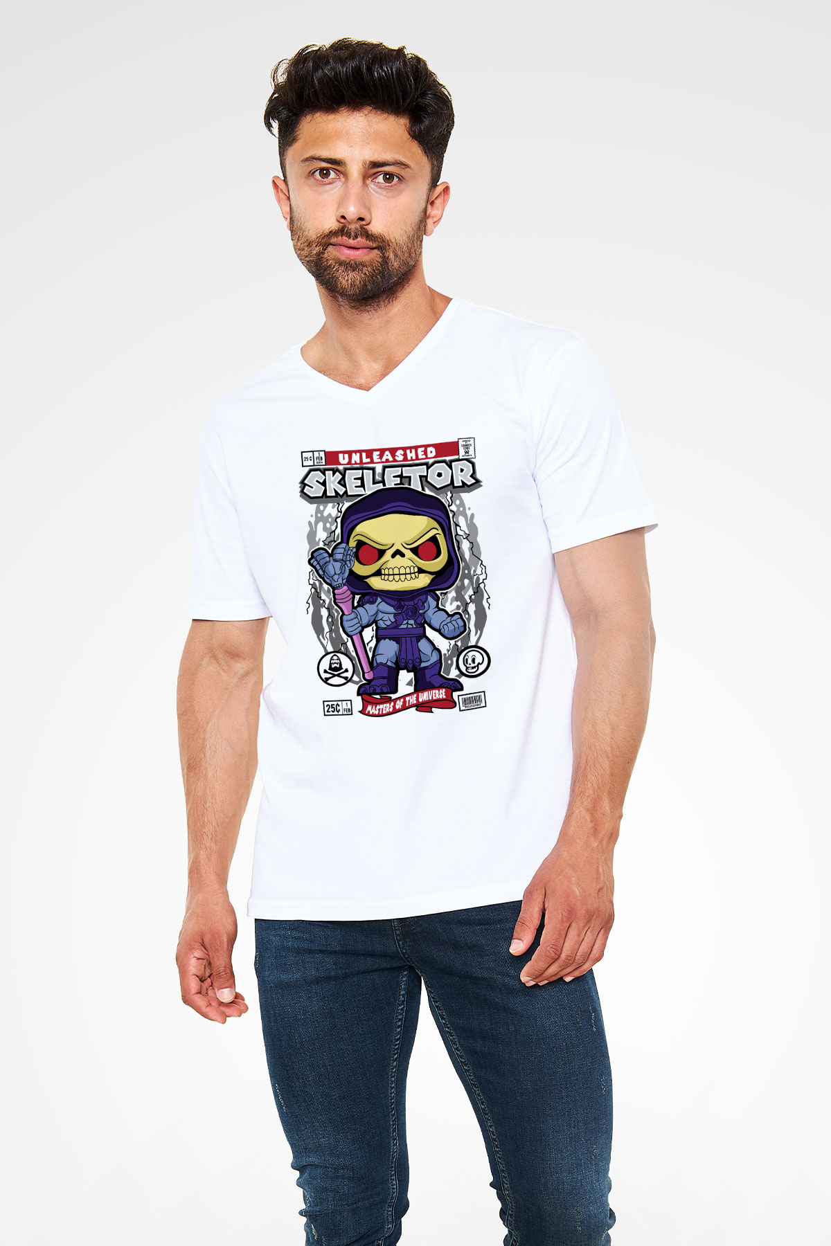 Skeletor Baskılı Unisex Beyaz V Yaka Tişört