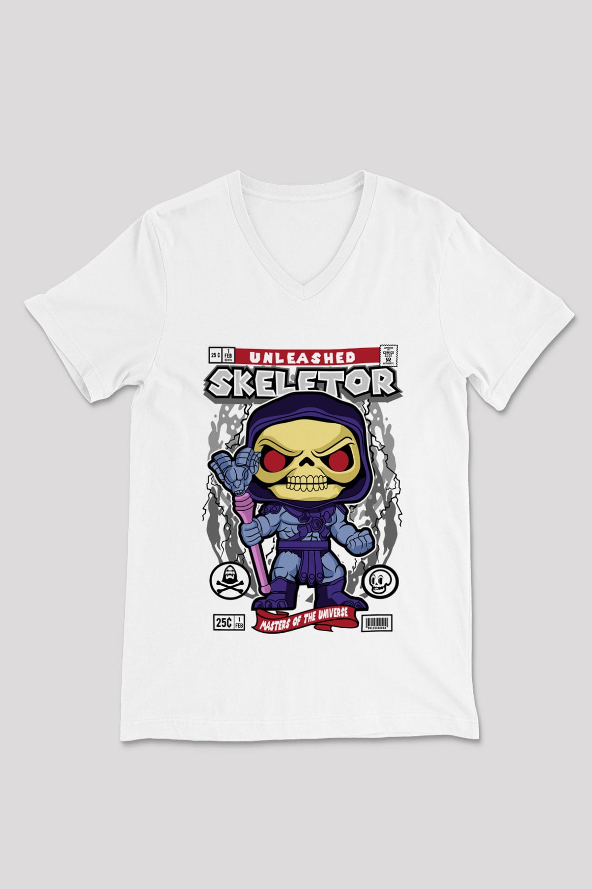 Skeletor Baskılı Unisex Beyaz V Yaka Tişört