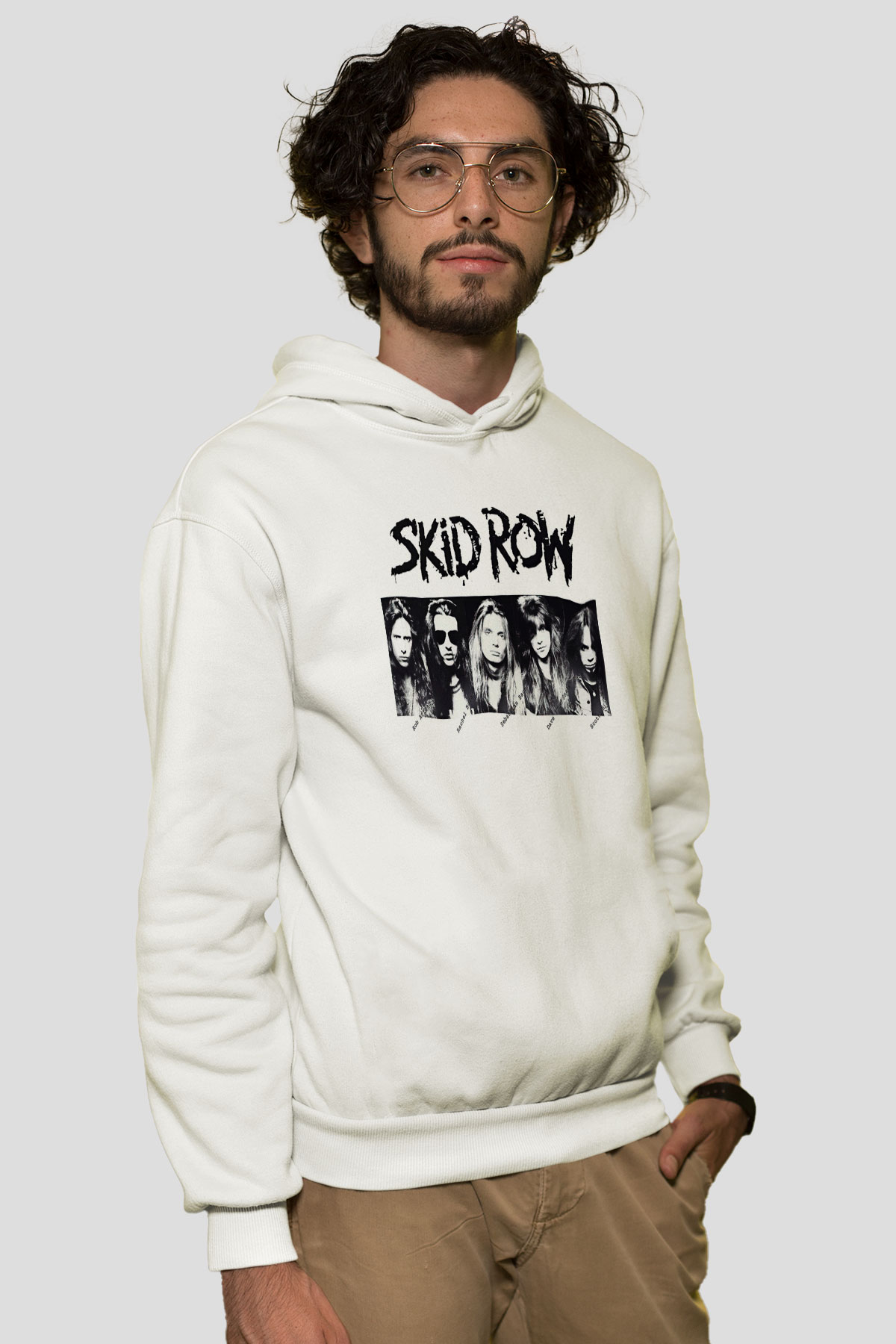 Skid Row Baskılı Beyaz Unisex Kapüşonlu Sweatshirt