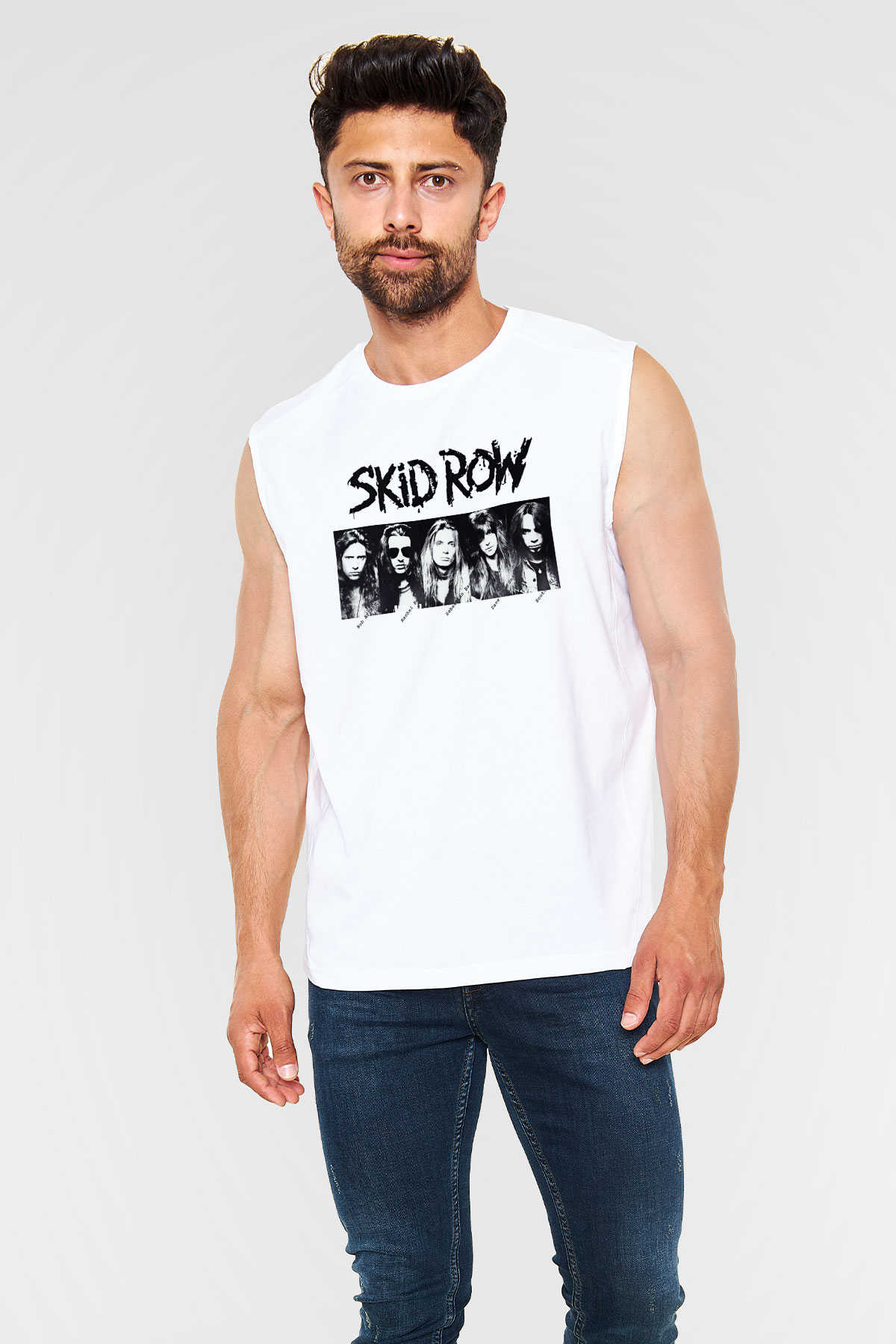 Skid Row Baskılı Beyaz Unisex Kolsuz Tişört - Tshirt