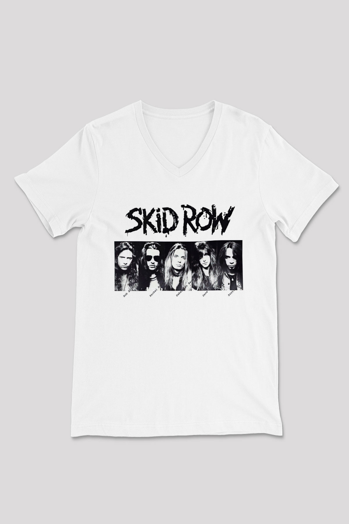 Skid Row Baskılı Beyaz Unisex V Yaka Tişört - Tshirt