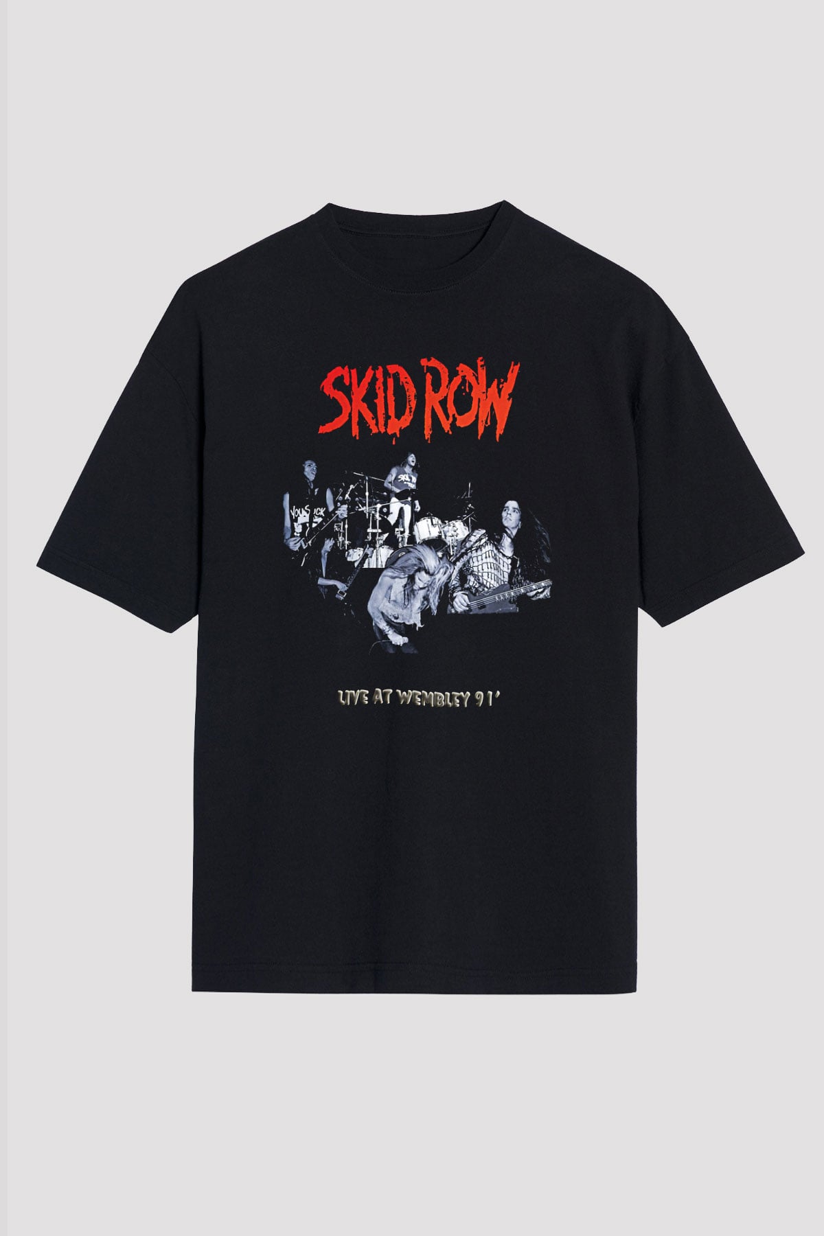 Skid Row Baskılı Unisex Siyah Oversize Tişört - Tshirt