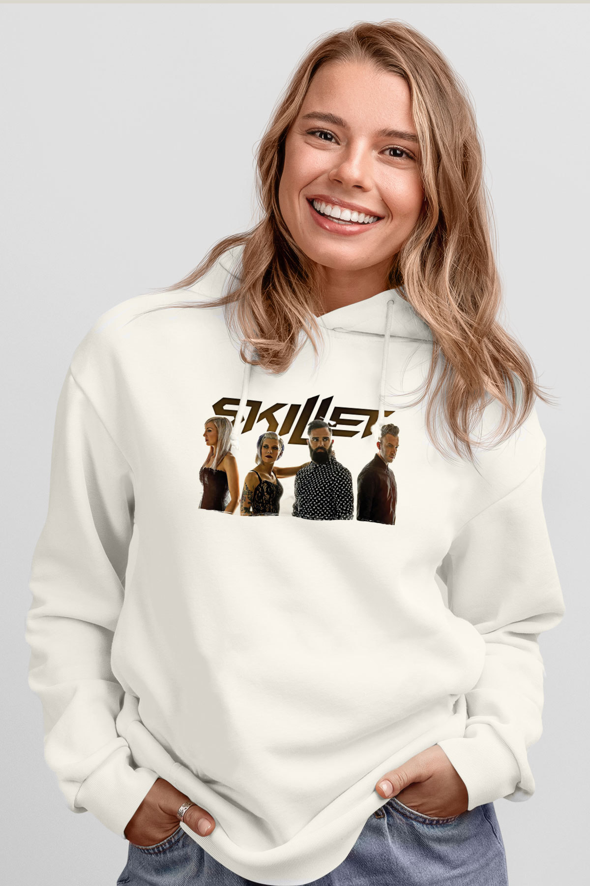 Skillet Baskılı Beyaz Unisex Kapüşonlu Sweatshirt
