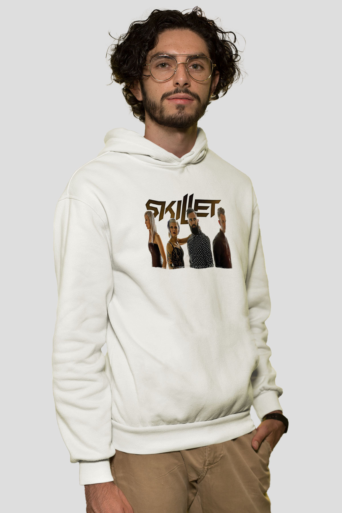Skillet Baskılı Beyaz Unisex Kapüşonlu Sweatshirt