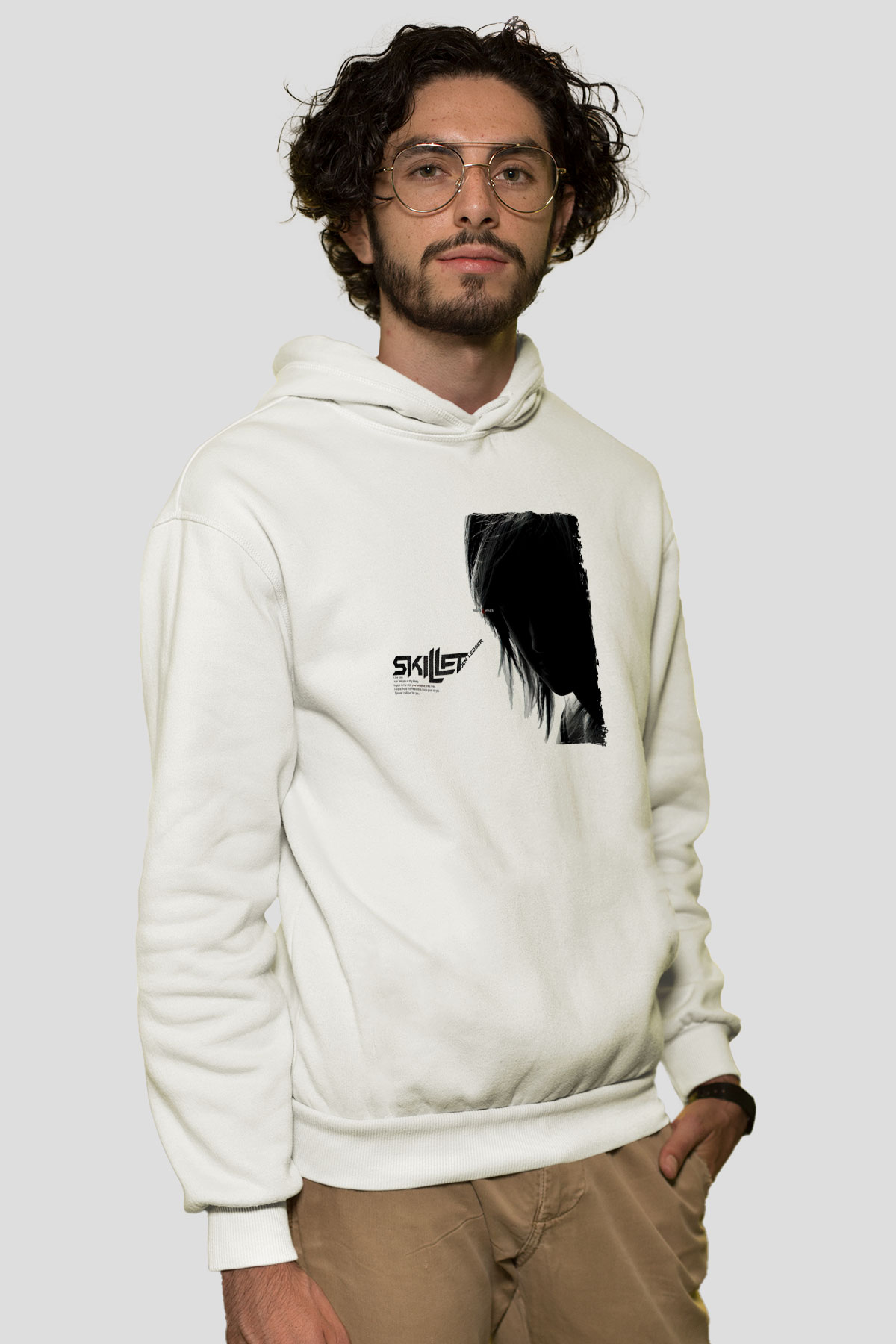 Skillet Baskılı Beyaz Unisex Kapüşonlu Sweatshirt