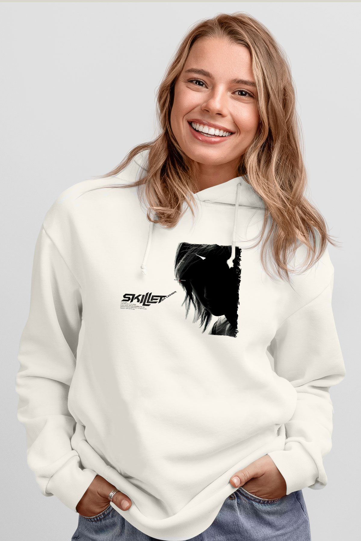 Skillet Baskılı Beyaz Unisex Kapüşonlu Sweatshirt