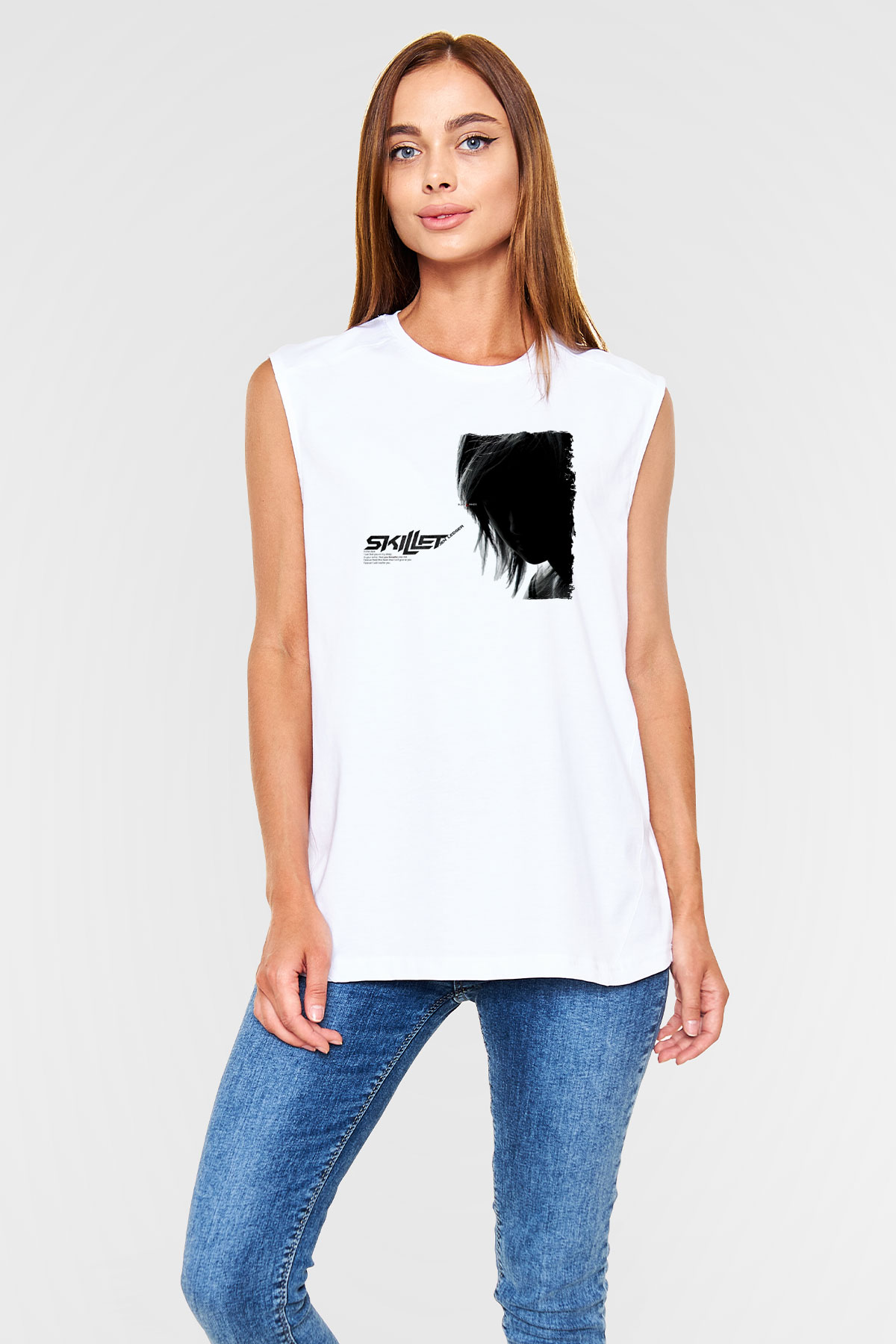 Skillet Baskılı Beyaz Unisex Kolsuz Tişört - Tshirt