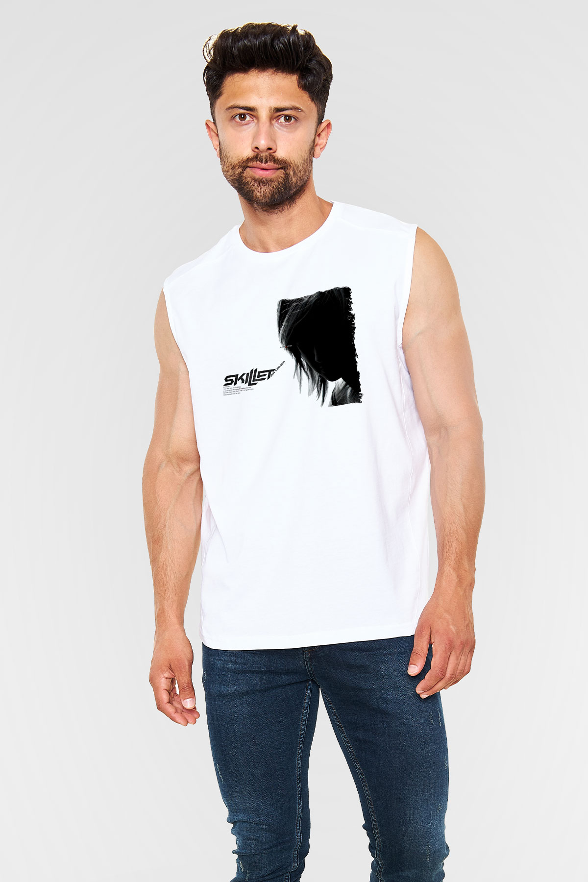 Skillet Baskılı Beyaz Unisex Kolsuz Tişört - Tshirt