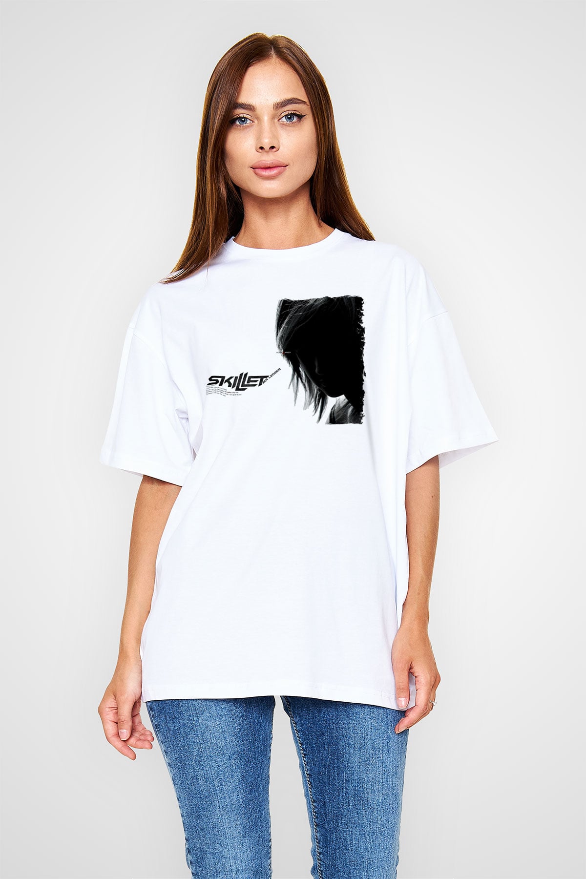 Skillet Baskılı Beyaz Unisex Oversize Tişört - Tshirt