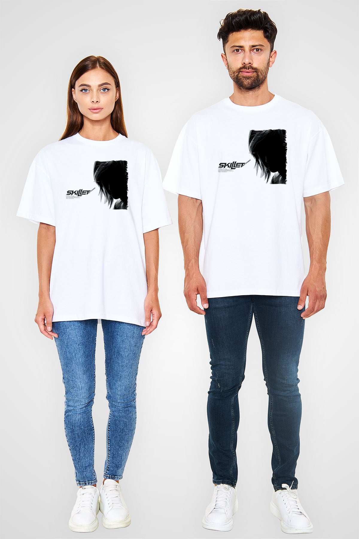 Skillet Baskılı Beyaz Unisex Oversize Tişört - Tshirt