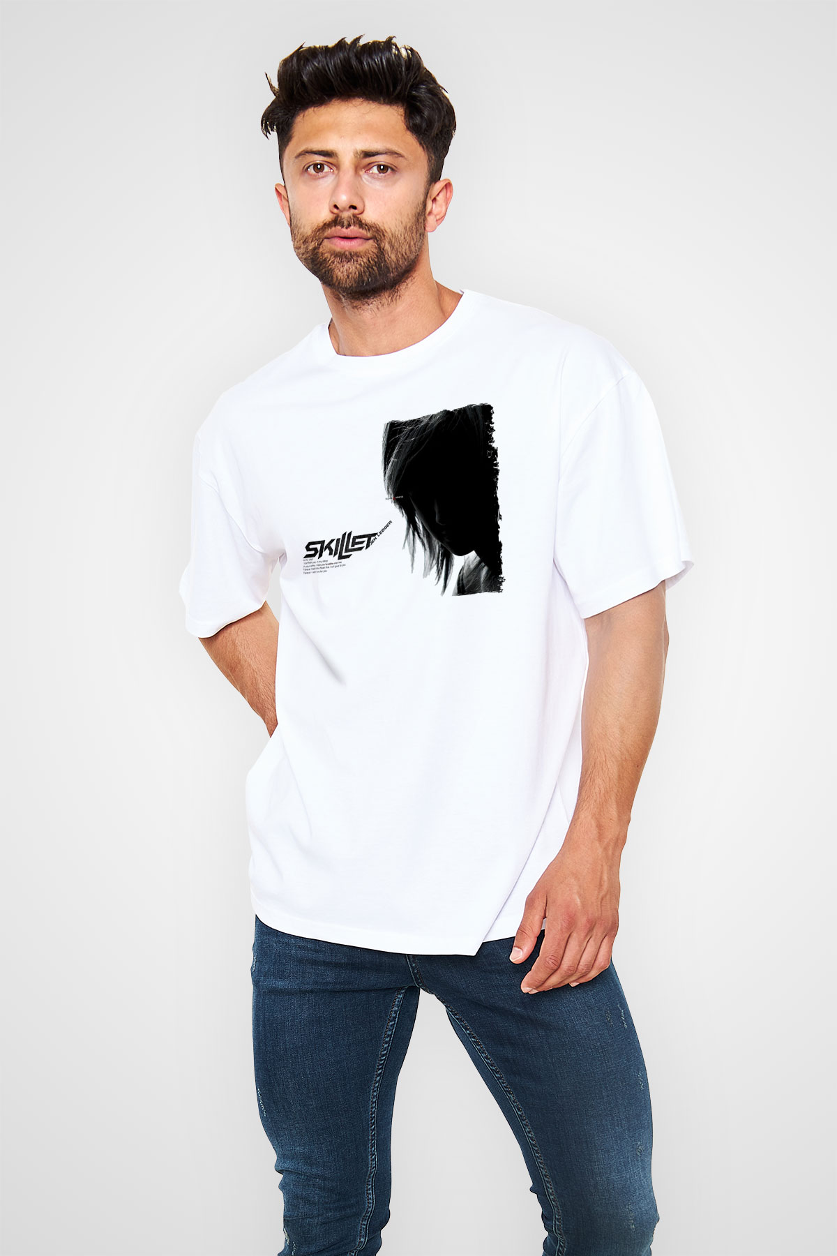 Skillet Baskılı Beyaz Unisex Oversize Tişört - Tshirt