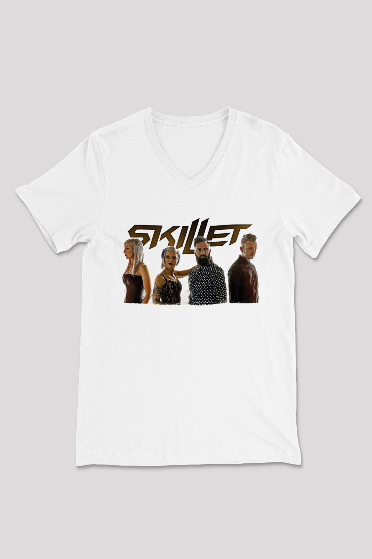 Skillet Baskılı Beyaz Unisex V Yaka Tişört - Tshirt