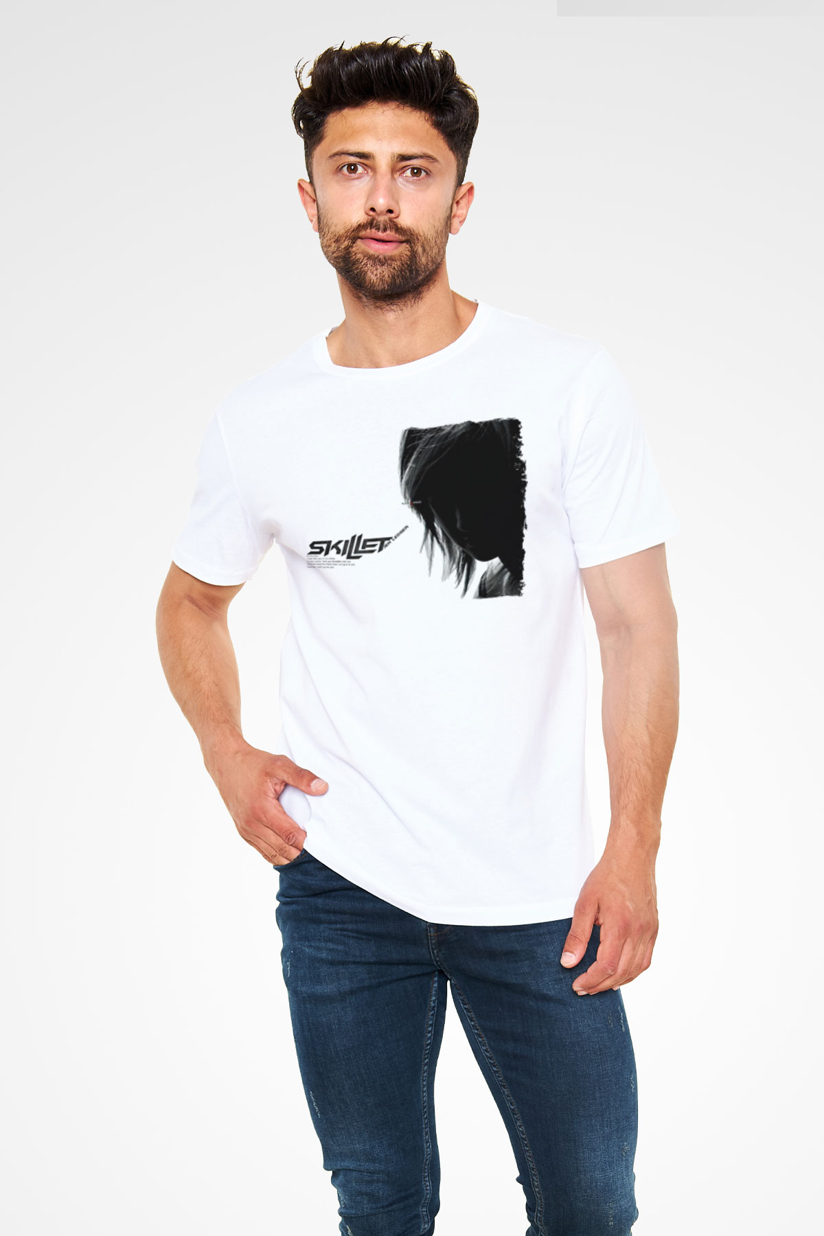 Skillet Baskılı Unisex Beyaz Tişört - Tshirt