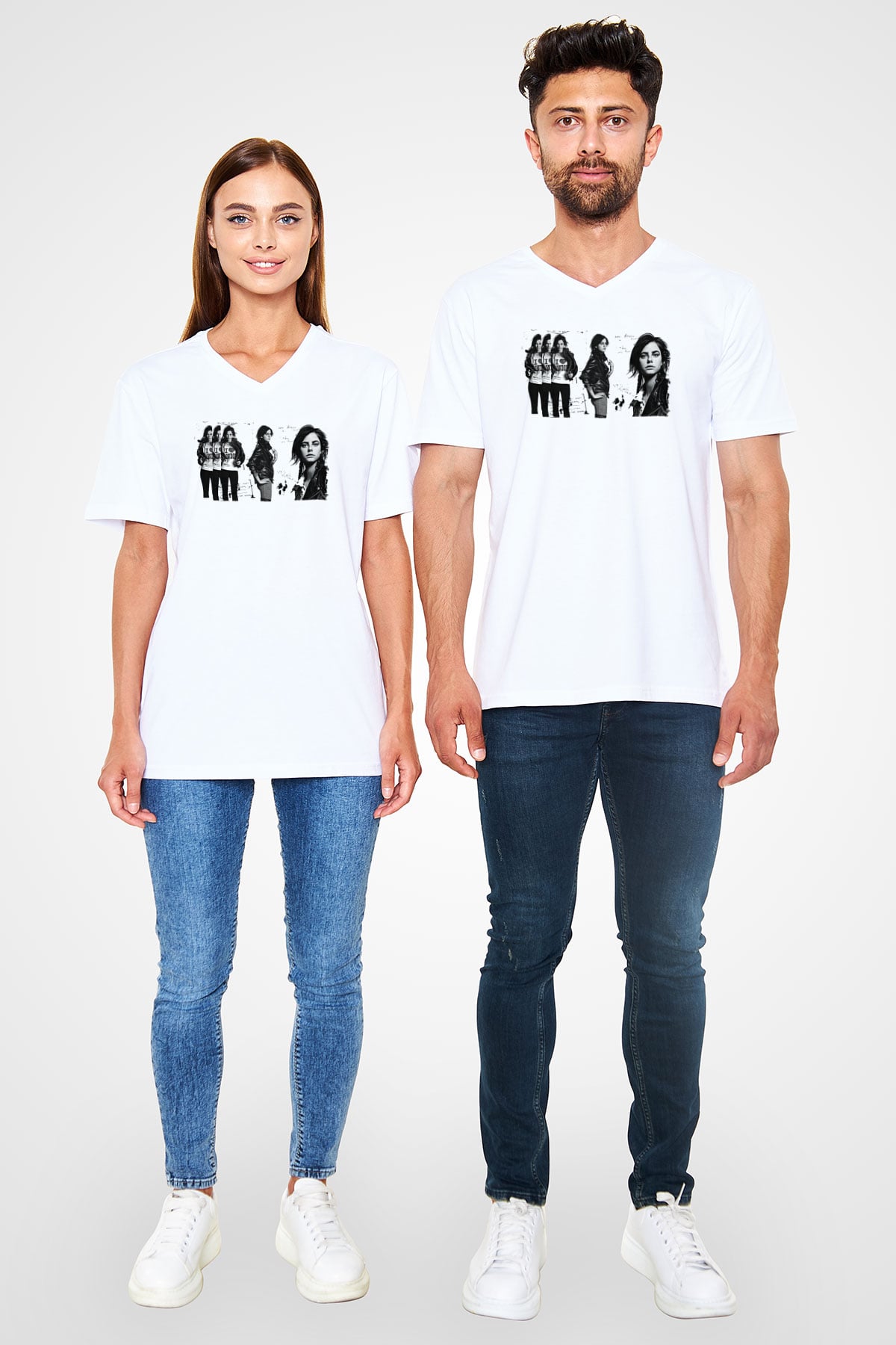 Skins Baskılı Siyah V Yaka Tişört Baskılı Beyaz Unisex V Yaka Tişört - Tshirt
