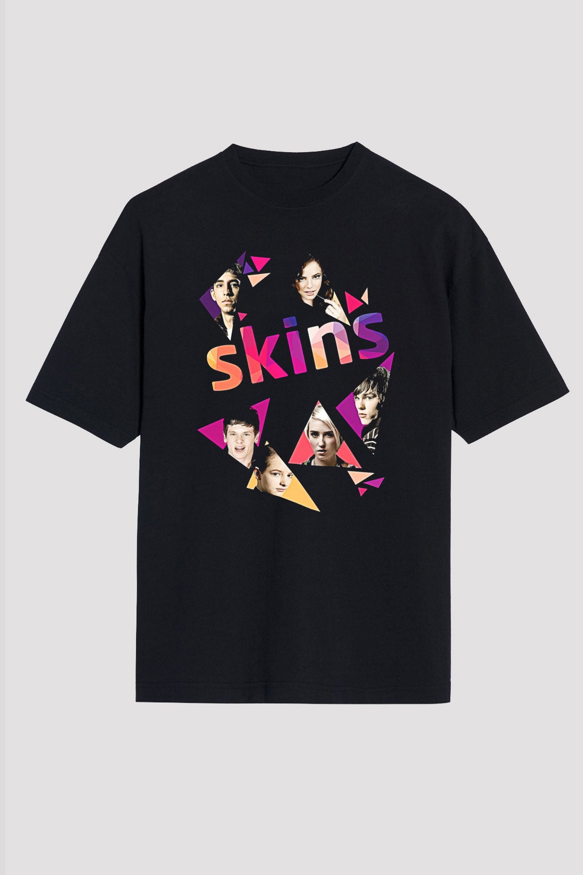 Skins Baskılı Unisex Siyah Oversize Tişört - Tshirt