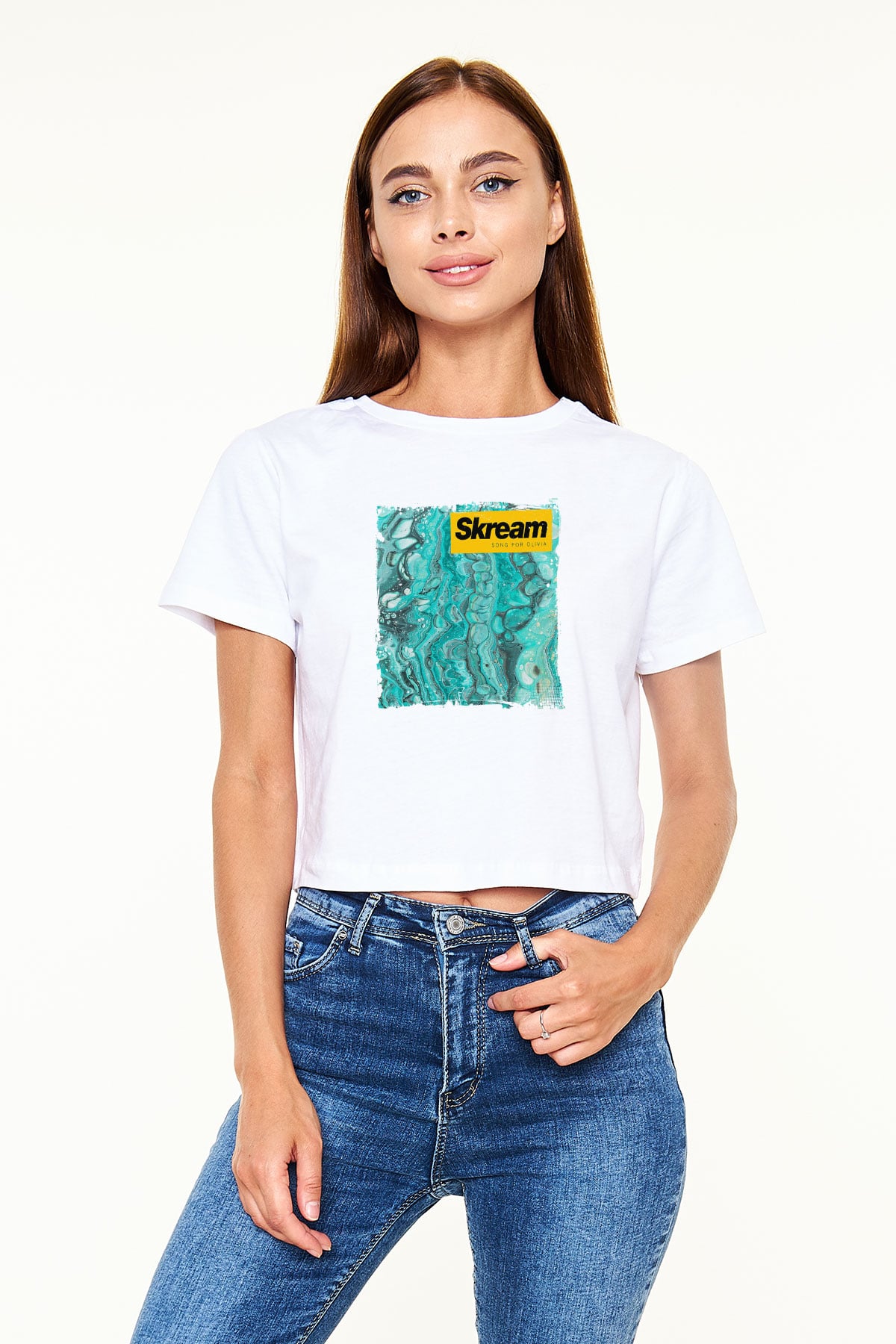 Skream Baskılı Beyaz Kadın Crop Top Tişört