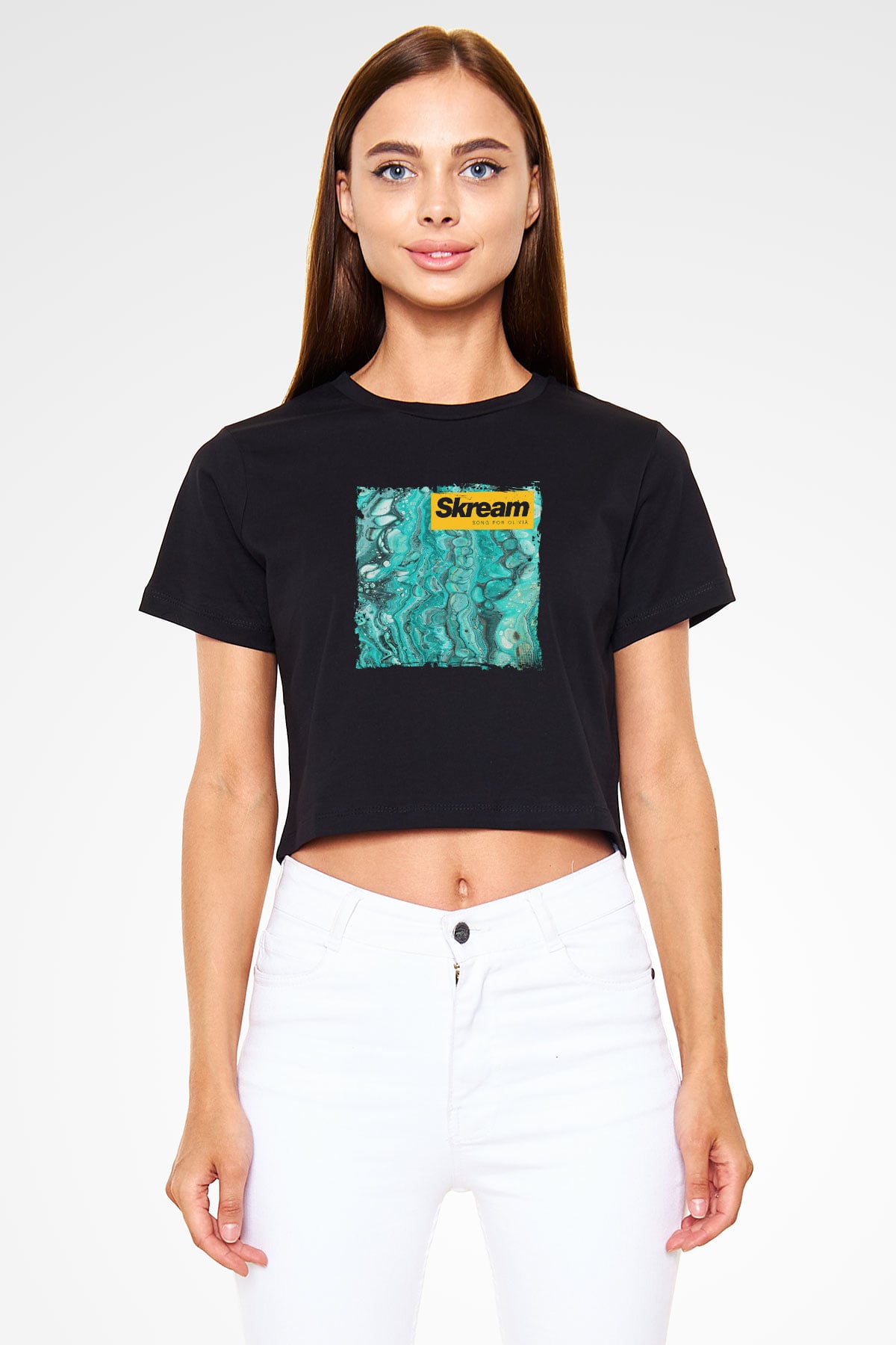 Skream Baskılı Crop Top Siyah Kadın Tişört