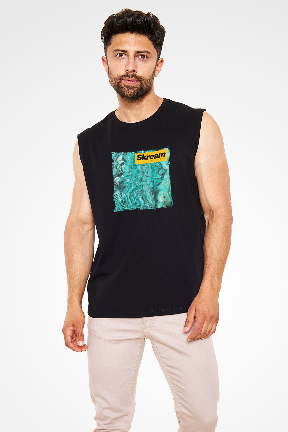 Skream Baskılı Unisex Siyah Kolsuz Tişört