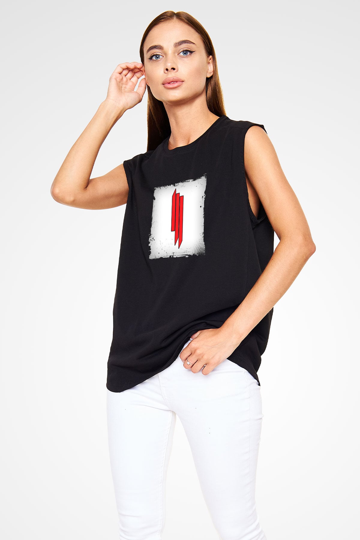 Skrillex Baskılı Unisex Siyah Kolsuz Tişört