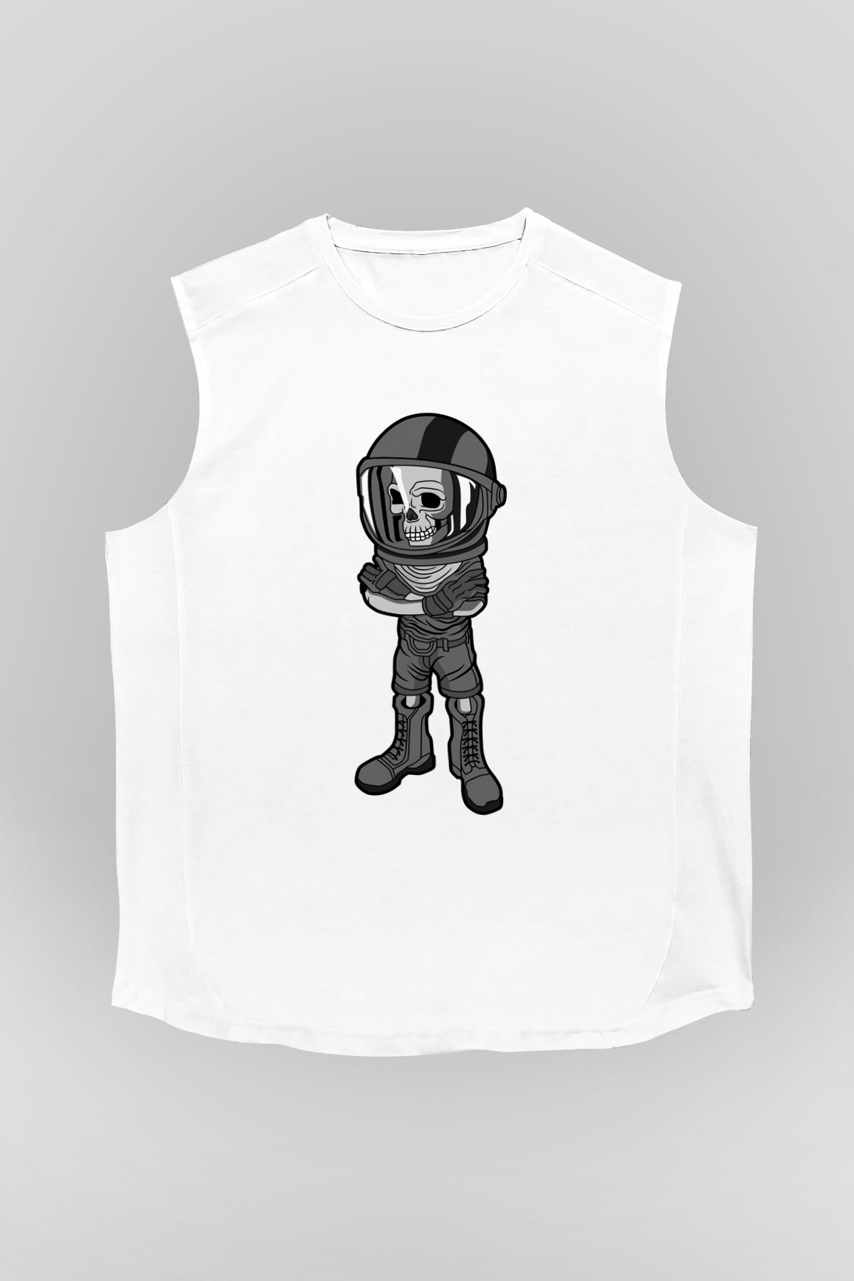 Skull Helmet Baskılı Beyaz Unisex Kolsuz Tişört