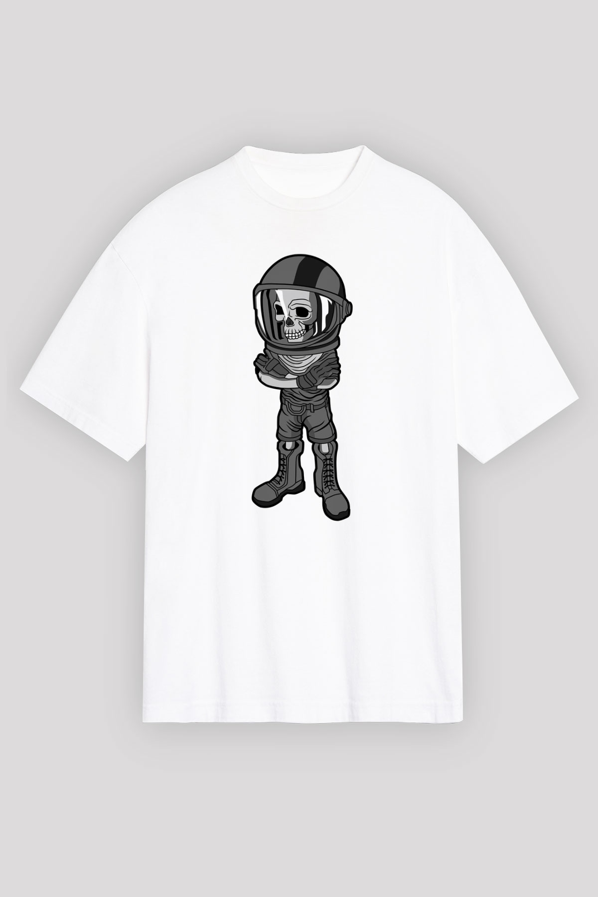 Skull Helmet Baskılı Beyaz Unisex Oversize Tişört