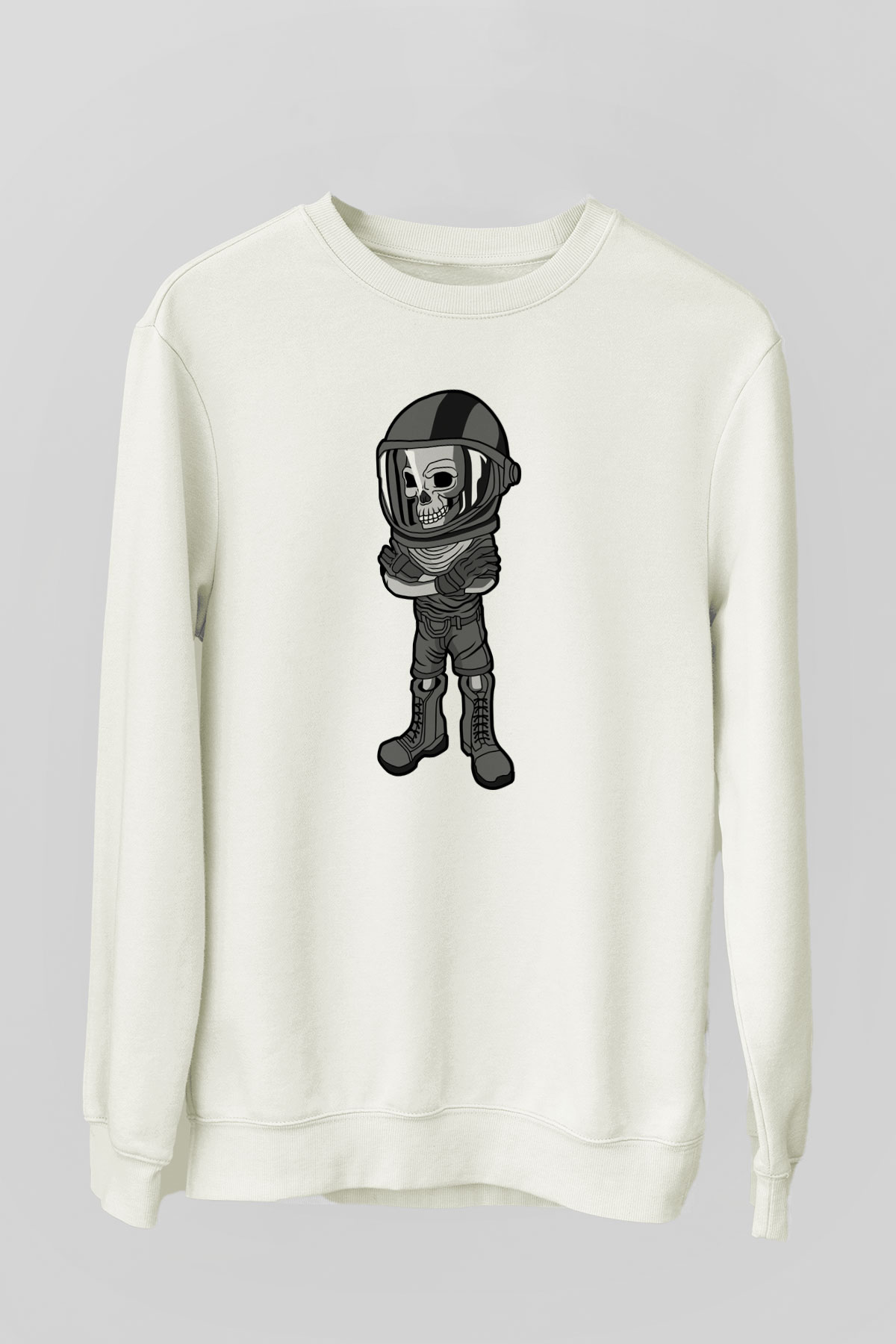 Skull Helmet Baskılı Beyaz Unisex Sweatshirt