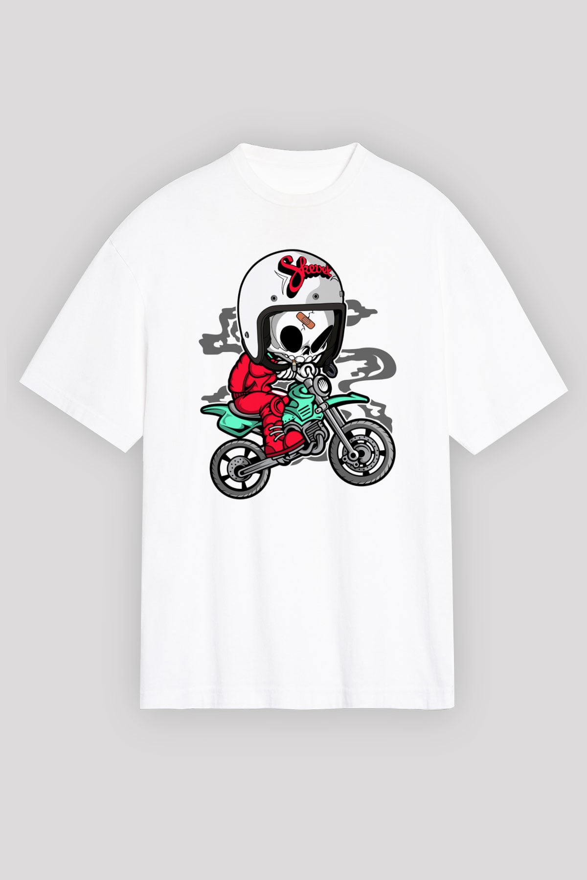 Skull Motocrosser Baskılı Beyaz Unisex Oversize Tişört