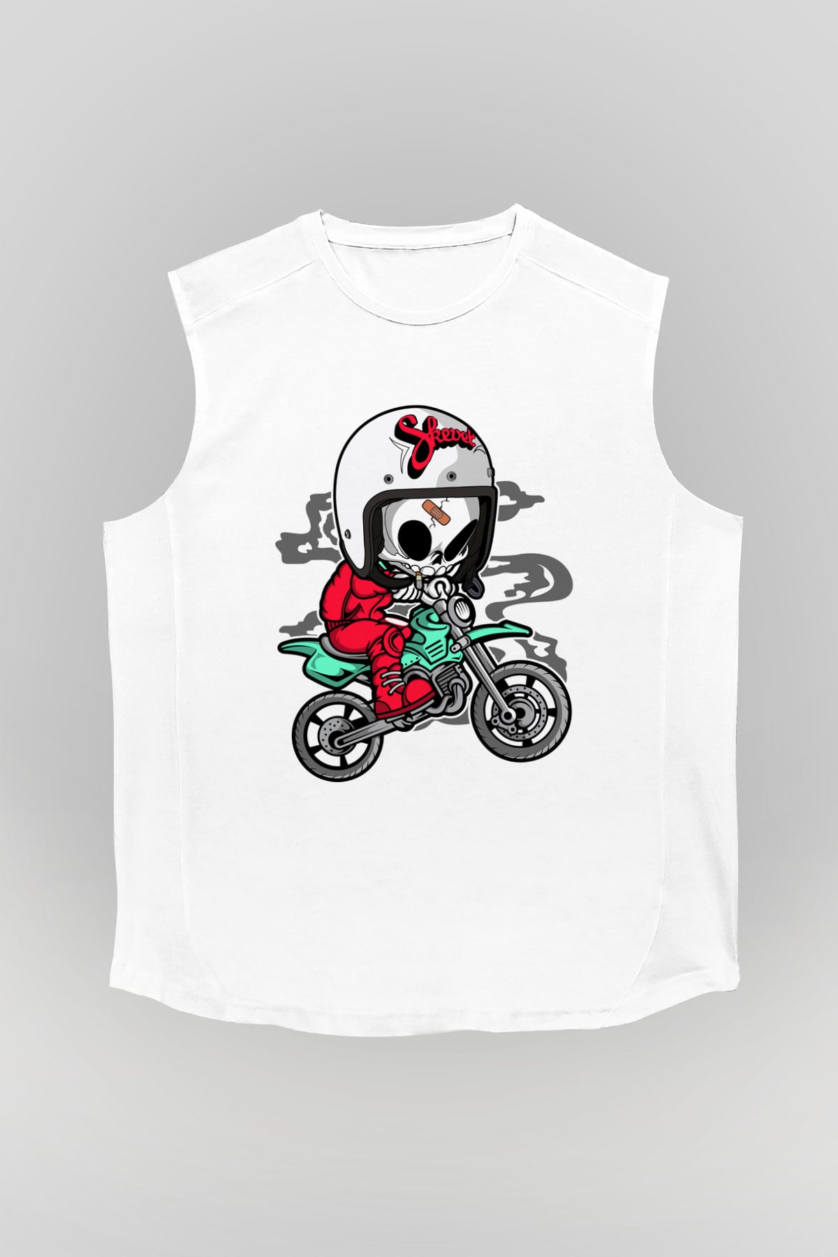 Skull Motocrosser Baskılı Beyaz Unisex Kolsuz Tişört