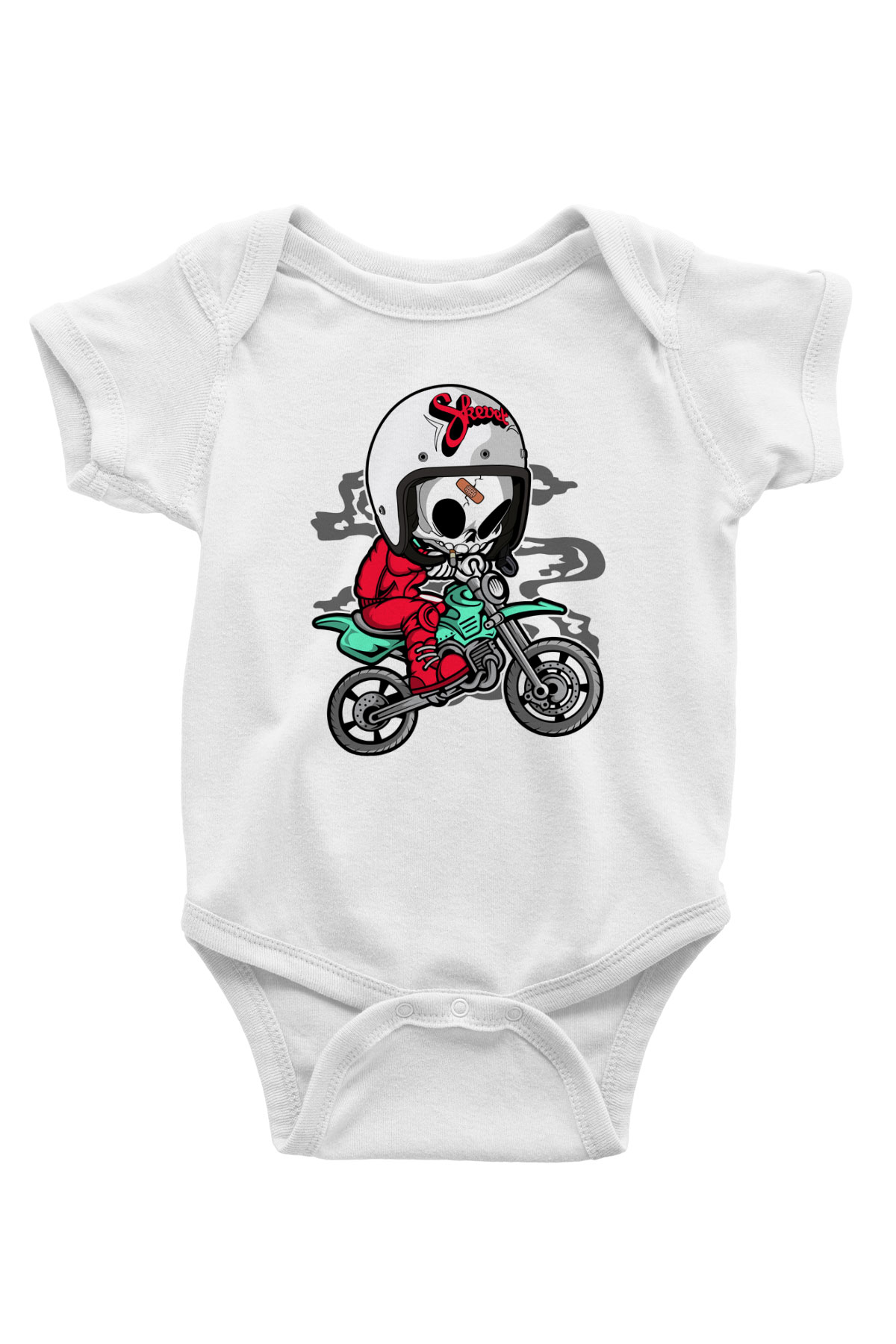 Skull Motocrosser Baskılı Beyaz Unisex Bebek Body - Zıbın