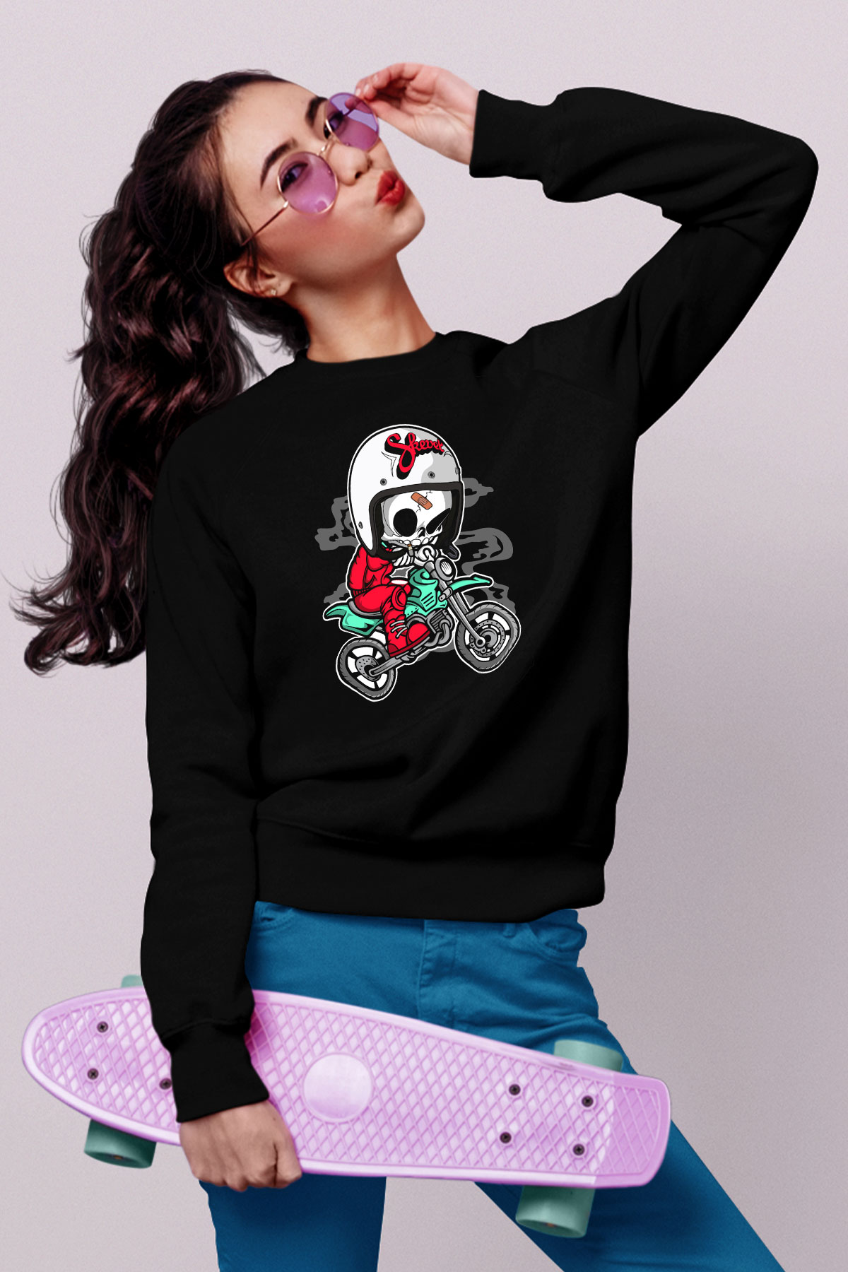 Skull Motocrosser Baskılı Siyah Unisex T-Shirt
