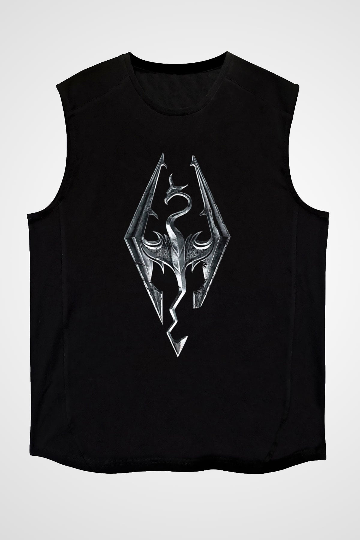 Skyrim Baskılı Unisex Siyah Kolsuz Tişört - Tshirt
