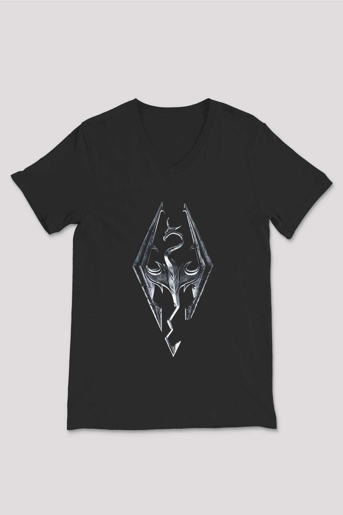 Skyrim Baskılı Unisex Siyah V Yaka Tişört - Tshirt