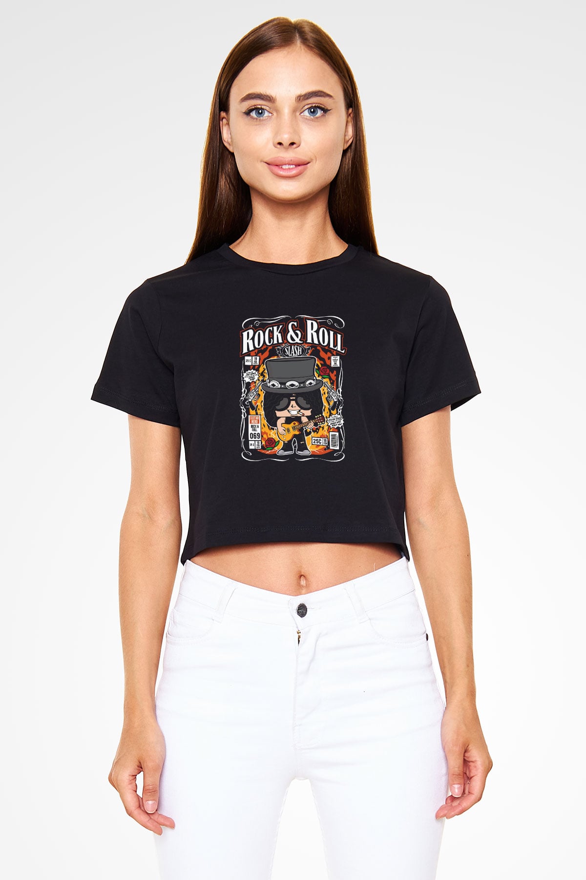Slash Baskılı  Siyah  Crop Top Tişört