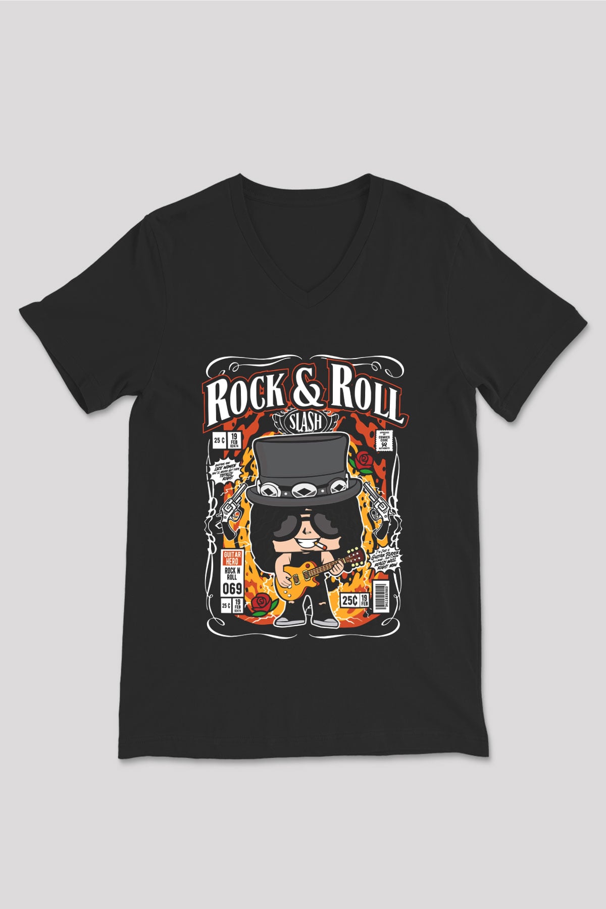 Slash Baskılı Unisex Siyah V Yaka Tişört