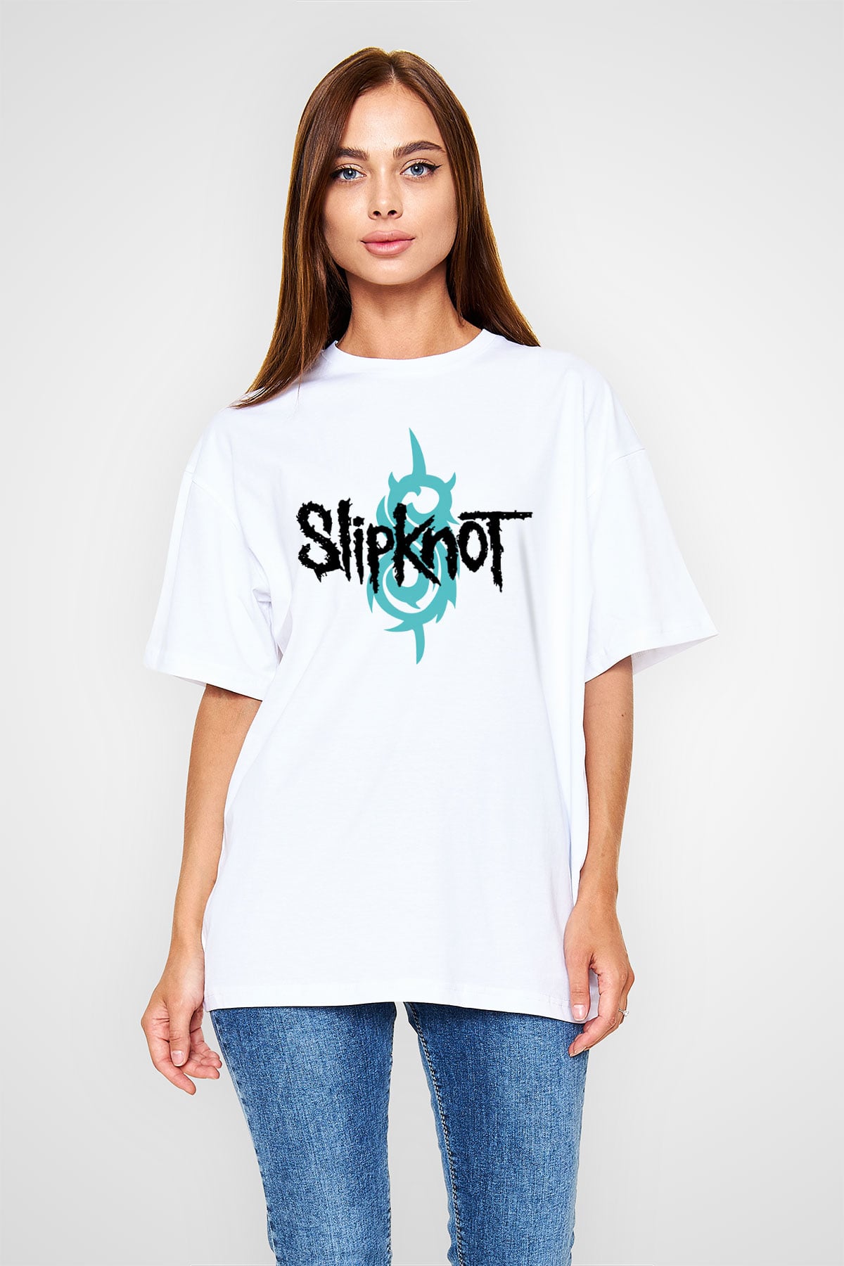 Slipknot Beyaz Unisex Oversize Tişört T-Shirt - Oversize Tişört Fabrikası