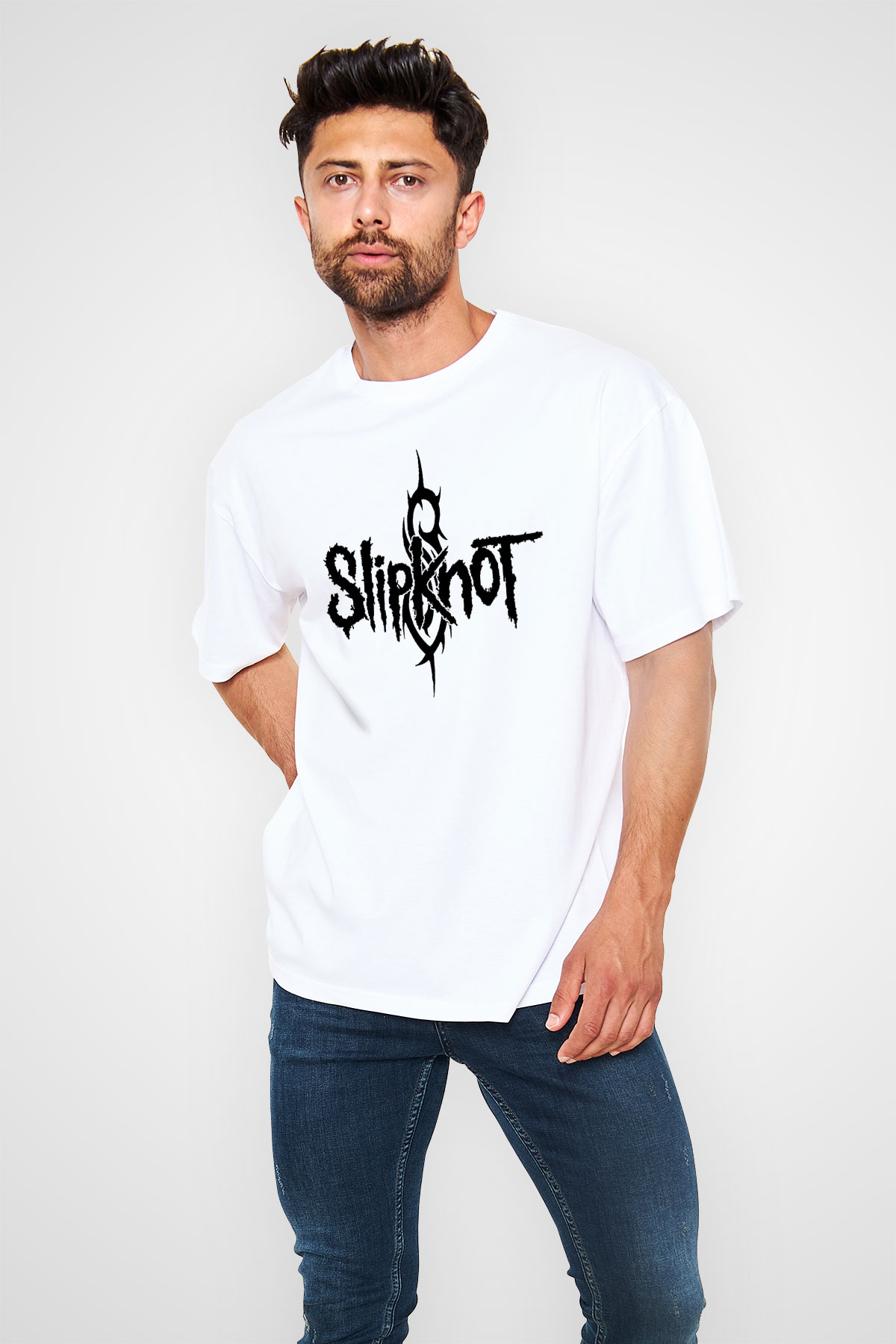 Slipknot Beyaz Unisex Oversize Tişört T-Shirt - Oversize Tişört Fabrikası