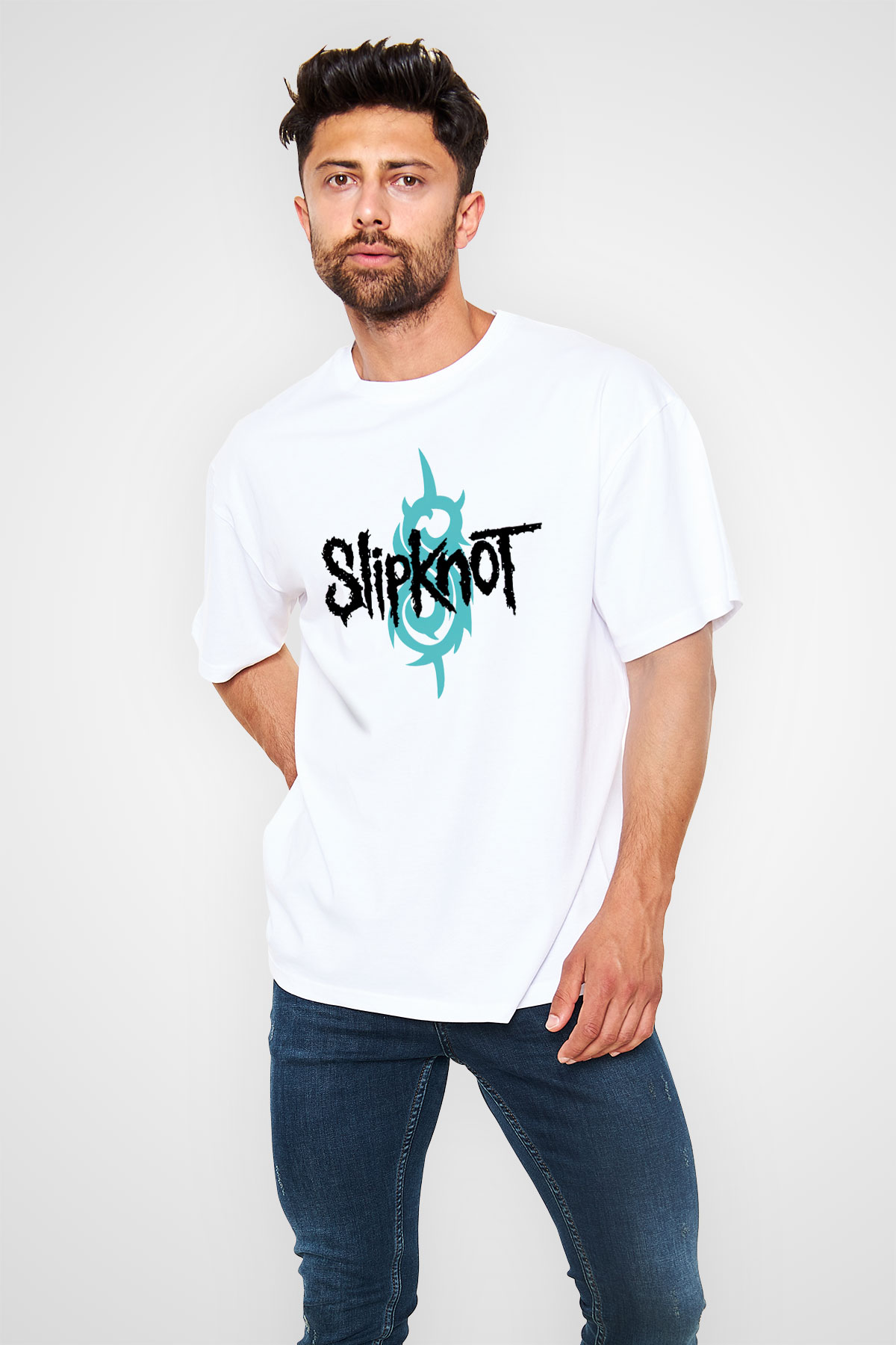 Slipknot Beyaz Unisex Oversize Tişört T-Shirt - Oversize Tişört Fabrikası