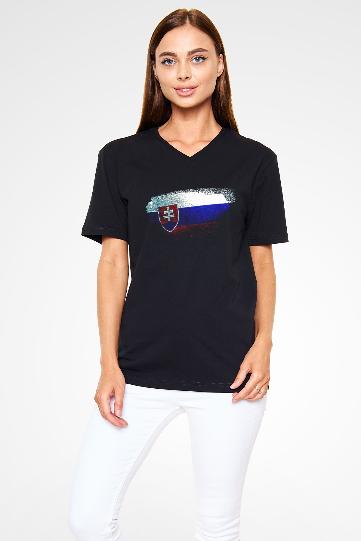 Slovakya - Slovakia Bayrağı Baskılı Unisex Siyah V Yaka Tişört