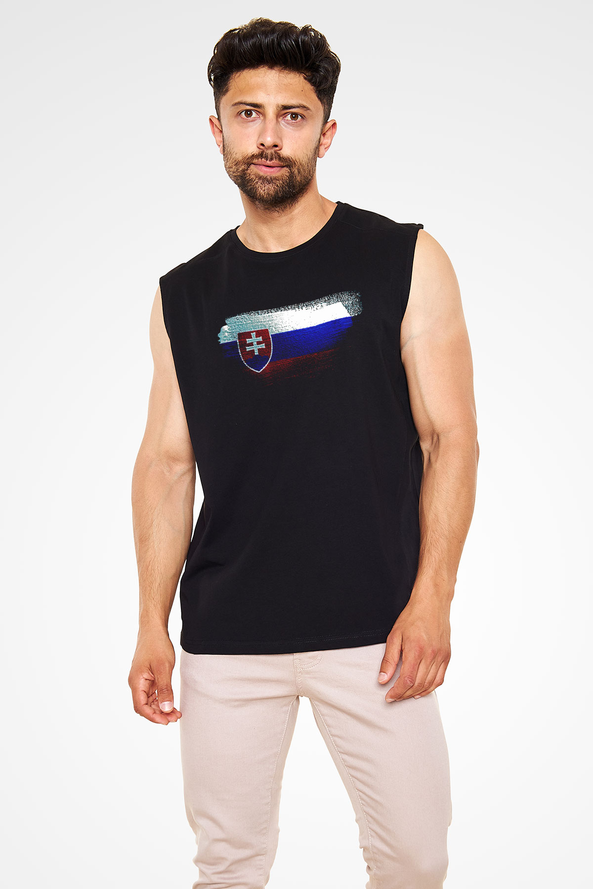 Slovakya - Slovakia Bayrağı Baskılı Unisex Siyah Kolsuz Tişört