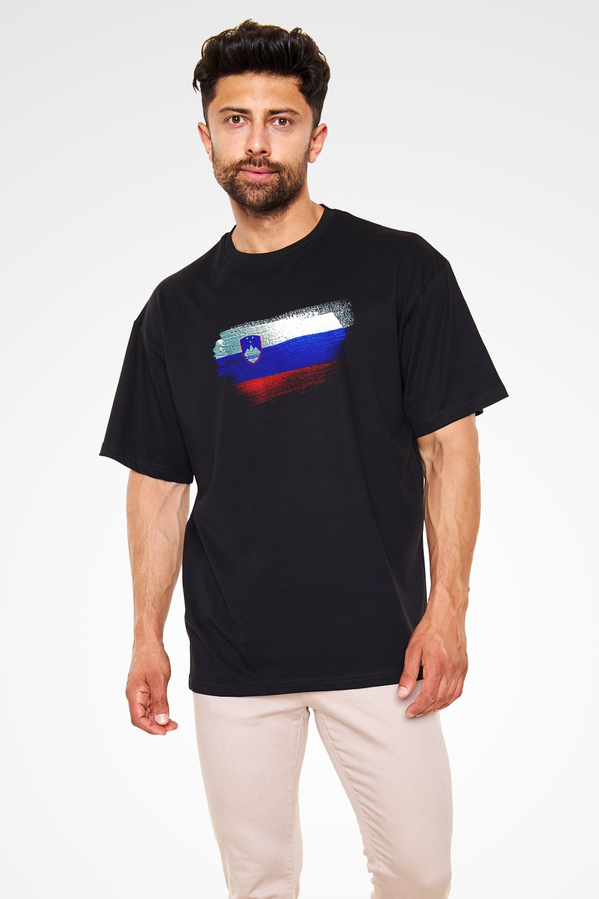 Slovenya - Slovenia Bayrağı Baskılı Unisex Siyah Oversize Tişört