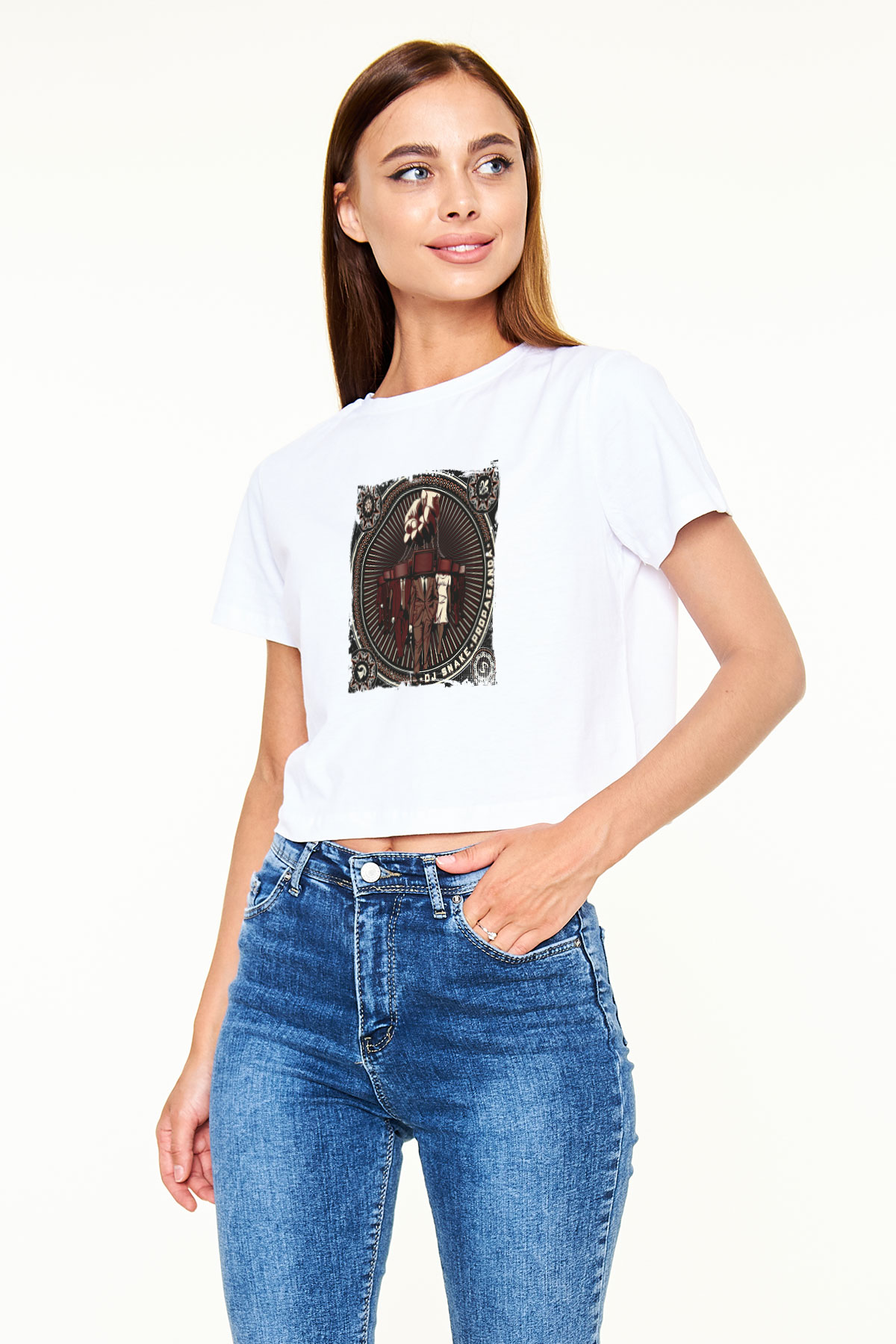 Snake Baskılı Beyaz Kadın Crop Top Tişört