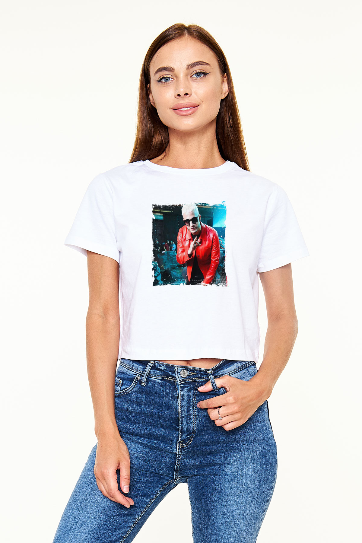 Snake Baskılı Beyaz Kadın Crop Top Tişört