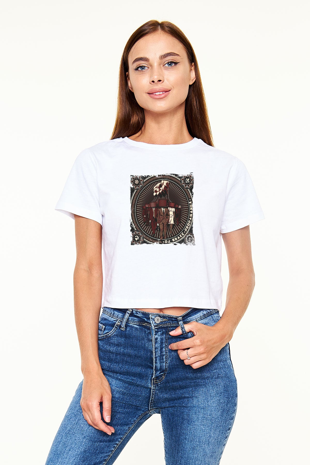 Snake Baskılı Beyaz Kadın Crop Top Tişört